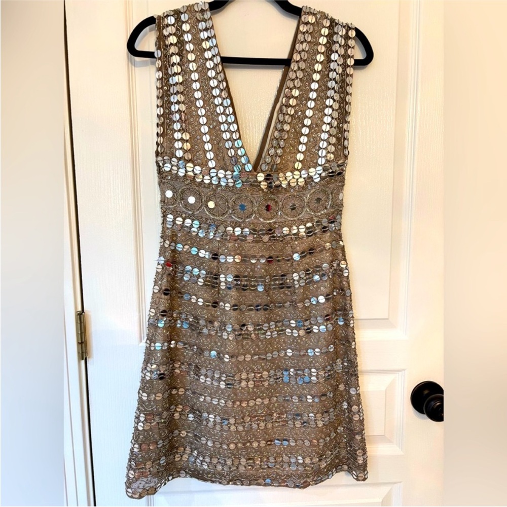 SOLD Vintage Scala Silk Sequin Dress 6 Cocktail Party Silver Disco Cowgirl